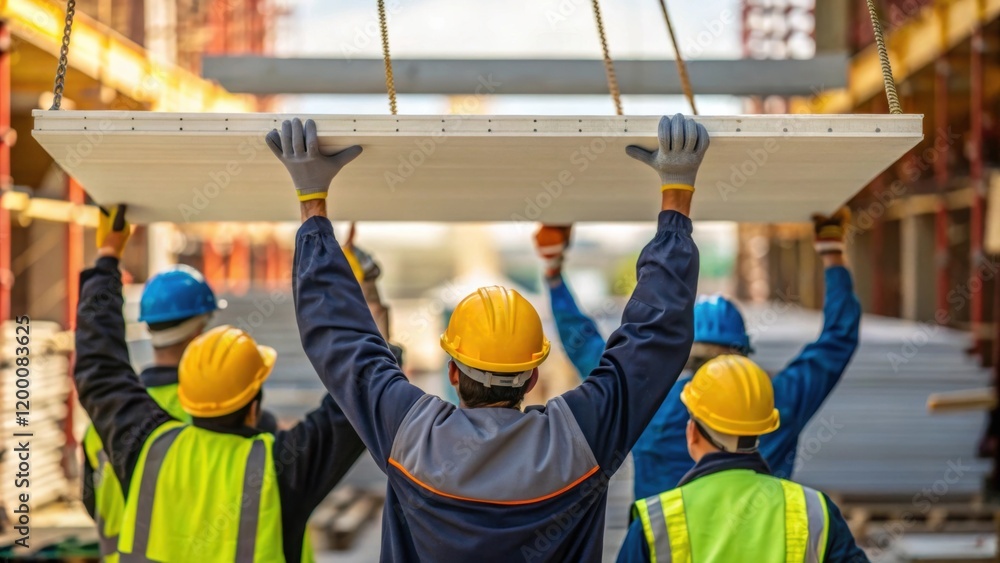 Poster a medium closeup of a group of workers coordinating their actions as they lift a long prefabricated 