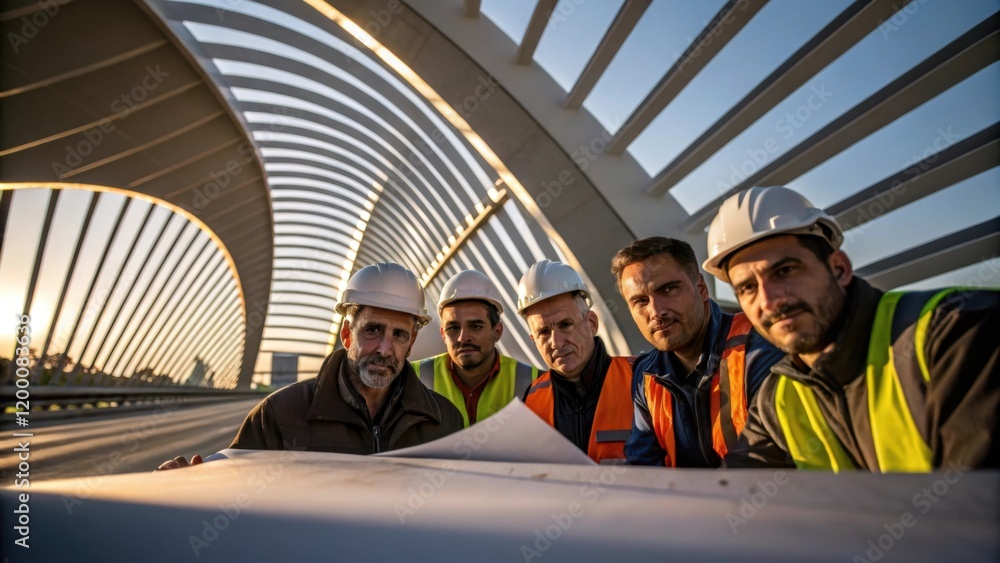 Fototapete A medium closeup of a group of workers gathered around a large curved bridge section examining its surface for flaws while the sunlight casts dynamic shadows representing both