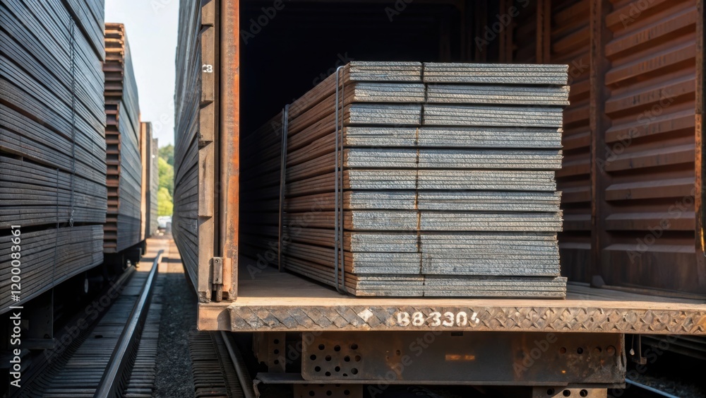 Aufkleber A medium closeup of a freight car partially loaded with stacked metal sheets highlighting the textures and patterns of the raw materials.