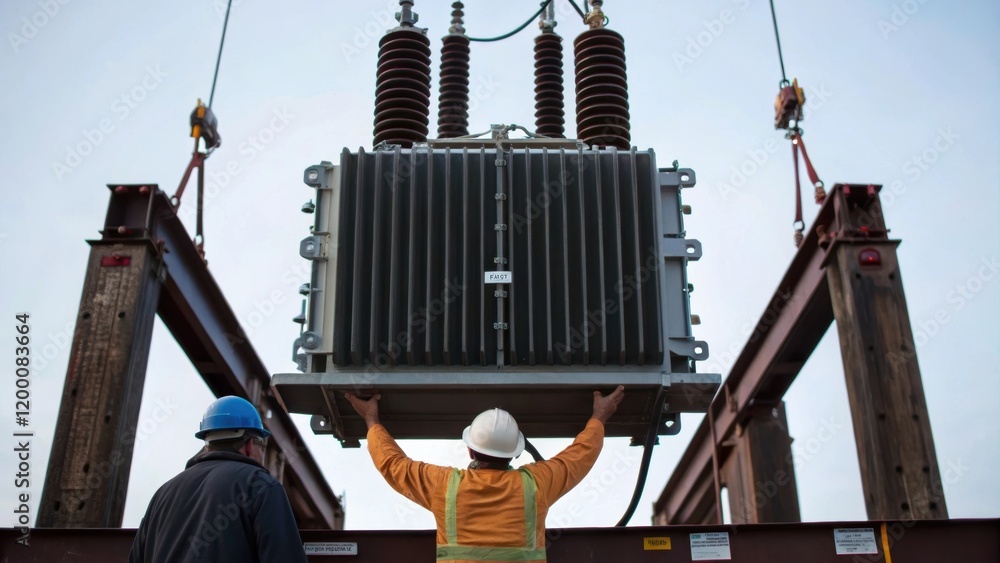 Poster a medium closeup of a heavyduty transformer being positioned by a crane capturing the dramatic angle