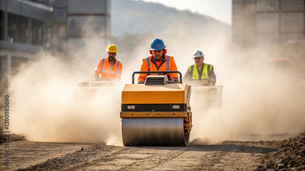 Poster a medium closeup of a group of workers using a vibrating roller to compact the newly laid ballast du