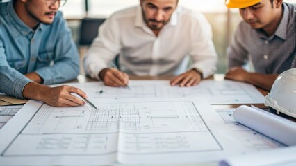 A medium closeup of a group of engineers discussing structural plans with large diagrams spread out on a table highlighting their collaboration and focus.