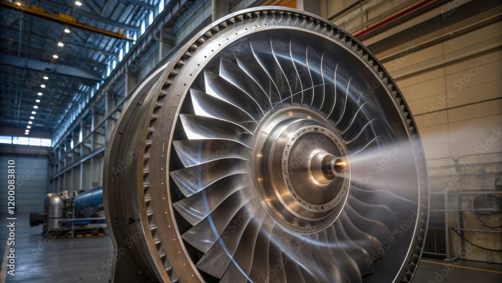 Poster A medium closeup of a large turbine within the energy recovery system highlighting the intricate blade design and its shiny metallic finish with dynamic airflow depicted through