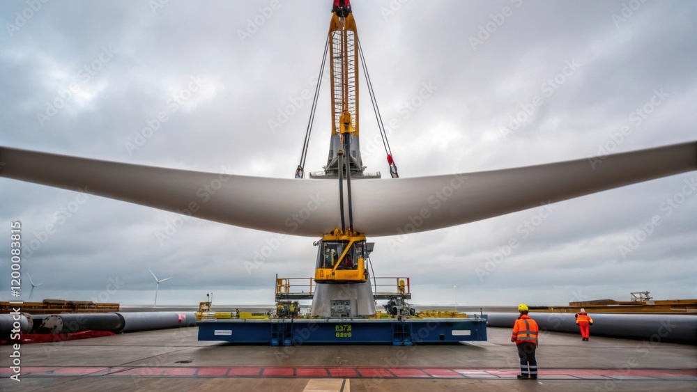 Poster a medium closeup of a hydraulic crane lifting a turbine blade high above the deck of a barge showcas