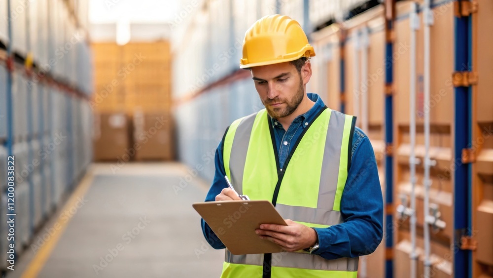 Aufkleber A medium closeup of a logistics worker in a safety vest and hard hat checking an inventory list on a clipboard with a row of containers lined up in the background.