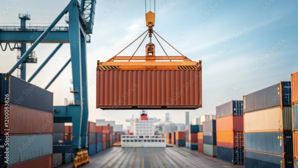 Poster A medium closeup of a loading dock where a crane lifts a container capturing the moment the container detaches from the ship with cranes rising in the background.