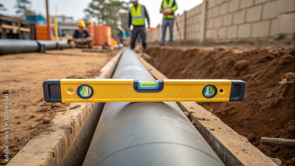 Poster A medium closeup of a level being used on a drainage pipe ensuring proper sloping for effective water flow with dirt and tools tered around indicating ongoing work.