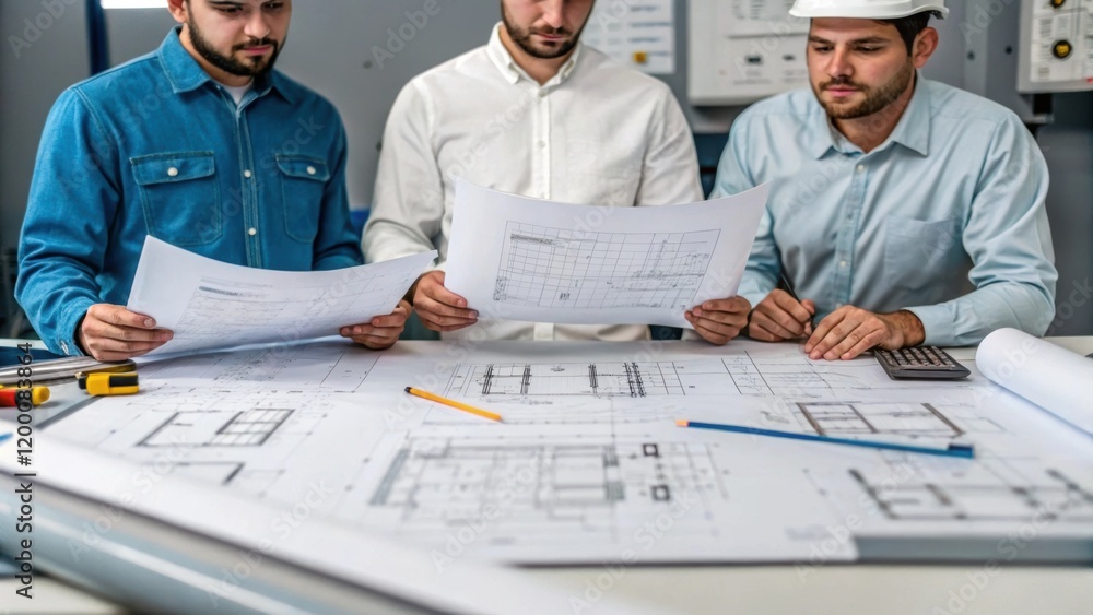 Aufkleber A medium closeup of a group of engineers reviewing blueprints and sensor specifications spread across a workbench with diverse elements of technical documentation nearby.
