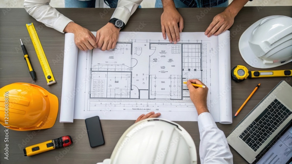 Poster A medium closeup of a group of engineers huddled over a blueprint of airflow designs with tools and equipment laid out on a nearby workbench emphasizing planning in the
