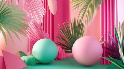 Pastel pink and green spheres in a tropical, geometric scene.