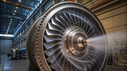 Fototapeta premium A medium closeup of a large turbine within the energy recovery system highlighting the intricate blade design and its shiny metallic finish with dynamic airflow depicted through