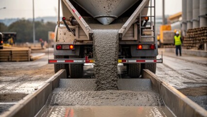 A medium closeup of a large concrete truck unloading its cargo with wet concrete flowing into a waiting form for one of the silos structural components.