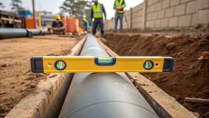 A medium closeup of a level being used on a drainage pipe ensuring proper sloping for effective water flow with dirt and tools tered around indicating ongoing work.