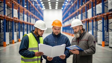 A medium closeup of a group of workers reviewing equipment operation instructions illustrating training and safety protocols in highcapacity storage facility construction.