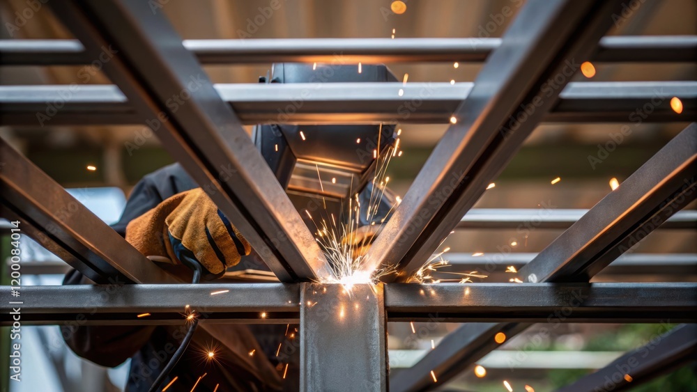 Poster a medium closeup of a metal framework being installed highlighting the welding process and sparks fl