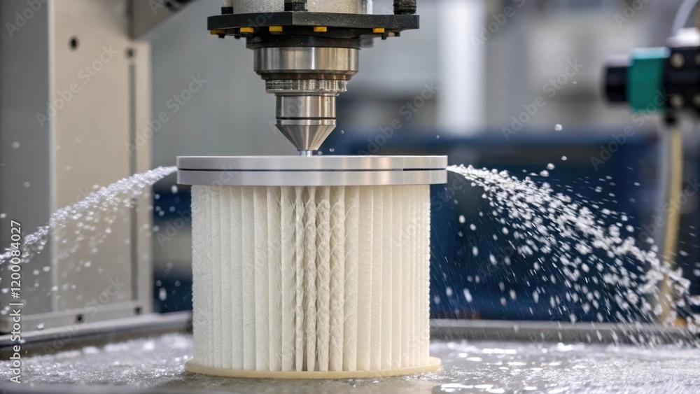 Poster a medium closeup of a mechanical arm gripping a filter cartridge with water cascading down highlight