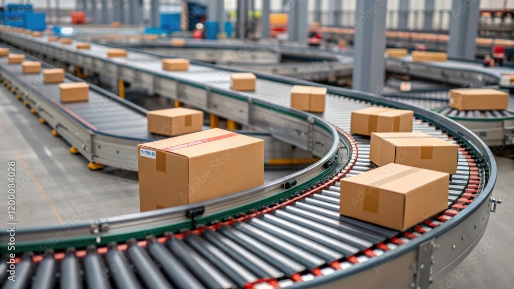 Aufkleber A medium closeup of a multilayered assembly of conveyor belts sorting smaller packages with boxes of various sizes smoothly gliding through a weaving network.
