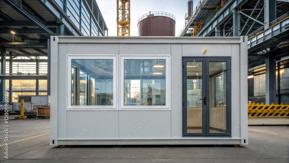 Poster a medium closeup of a modular units exterior highlighting large transparent windows that allow natur