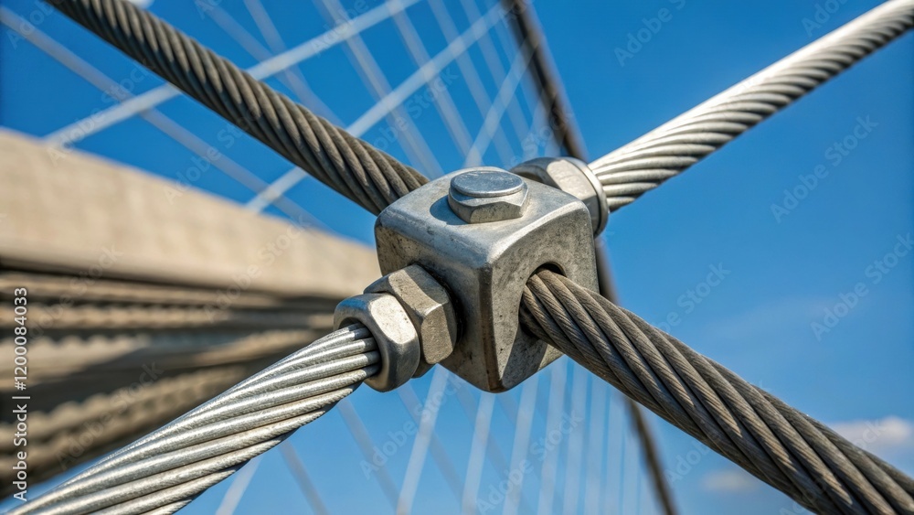 Poster a medium closeup of a metal clamp securing a suspension cable to a bridge strut emphasizing the stre