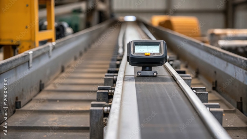 Poster A medium closeup of a metal detector positioned on a sorting line scanning for ferrous materials with the shiny sensor prominently displayed against the dull metal background.