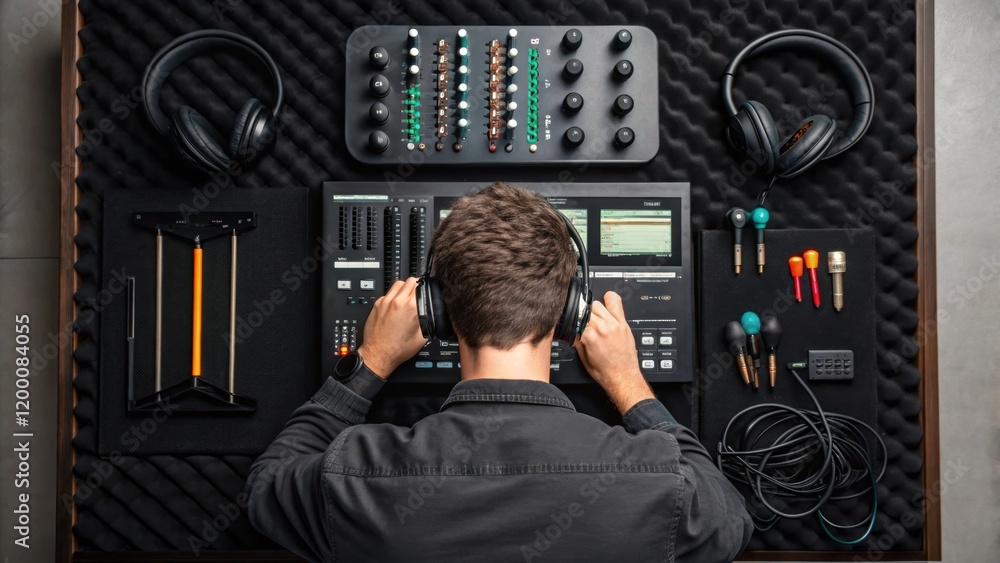 Poster a medium closeup of an acoustic engineer adjusting settings on a digital interface surrounded by var