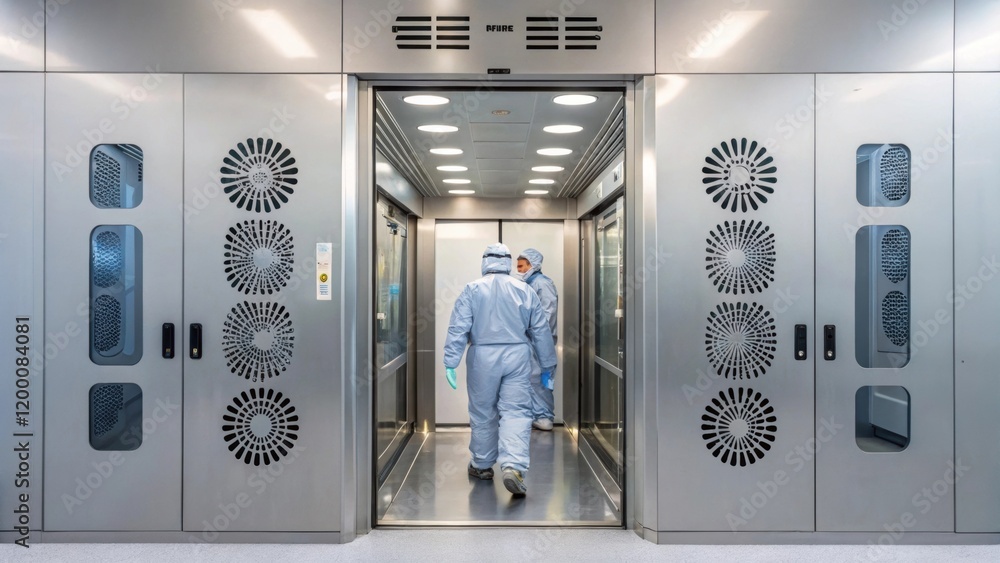 Poster a medium closeup of an air shower entrance with personnel stepping inside to remove particles before