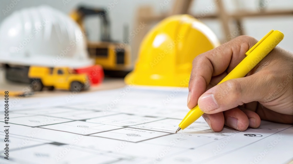 Poster A medium closeup of an architects fingertips marking sections of a blueprint with a yellow highlighter under a backdrop of construction equipment and hard hats.
