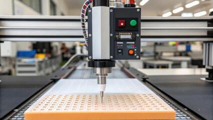 A medium closeup of an advanced dispensing machine with adhesive being applied in precise beads onto a substrate within a manufacturing setup.