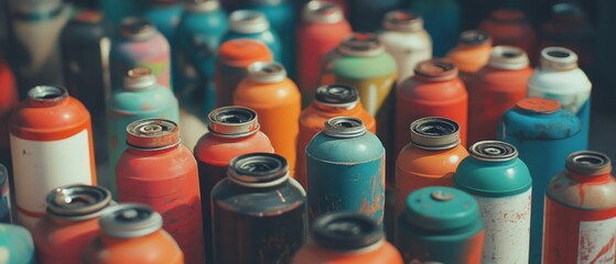 Urban art tools and spray paint cans organized for graffiti work in a vibrant city environment