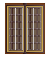 Obraz premium Classic wooden window with grid design, brown and gold frame, elegant traditional style