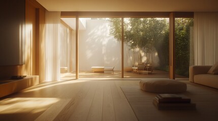 Fototapeta premium Sunlit minimalist living room with patio view.