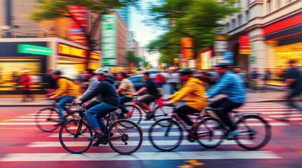 Naklejka premium Cyclists crossing a city street at dusk, blurred motion capturing the urban energy.