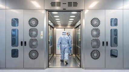A medium closeup of an air shower entrance with personnel stepping inside to remove particles before entering the clean room highlighting unique design features that promote