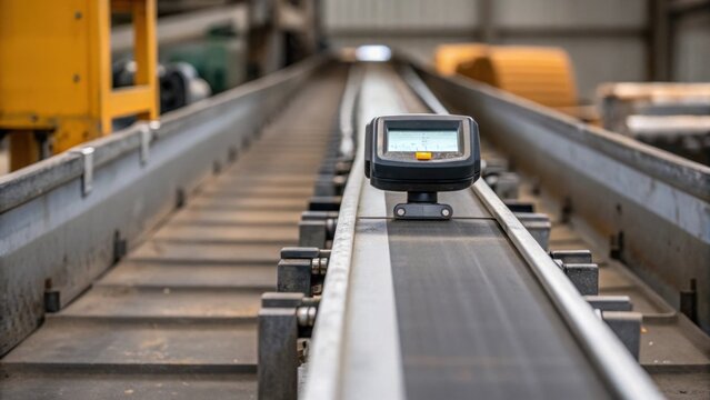 A medium closeup of a metal detector positioned on a sorting line scanning for ferrous materials with the shiny sensor prominently displayed against the dull metal background.