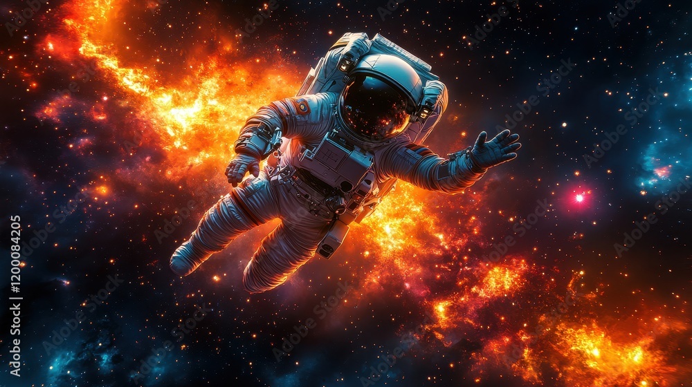 Poster astronaut floating in a colorful cosmic nebula, exploring the universe.
