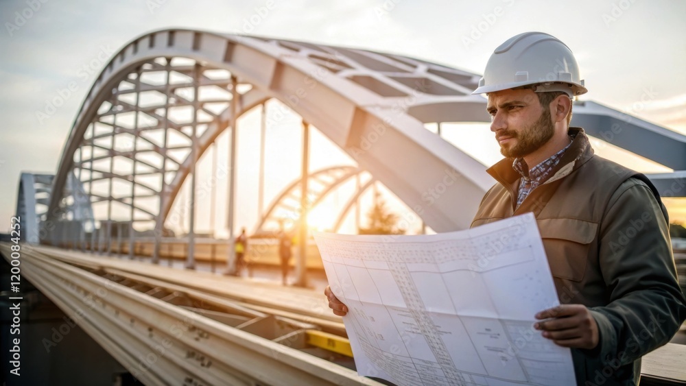 Aufkleber A medium closeup of an engineer deep in thought analyzing blueprints while standing beside a large modular bridge component with a focus on the intricate details of the design