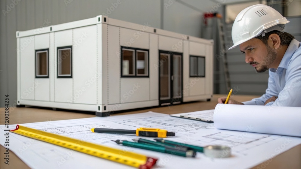 Poster A medium closeup of an engineer examining blueprints next to a partially assembled modular office unit with markers and measuring tools visible.