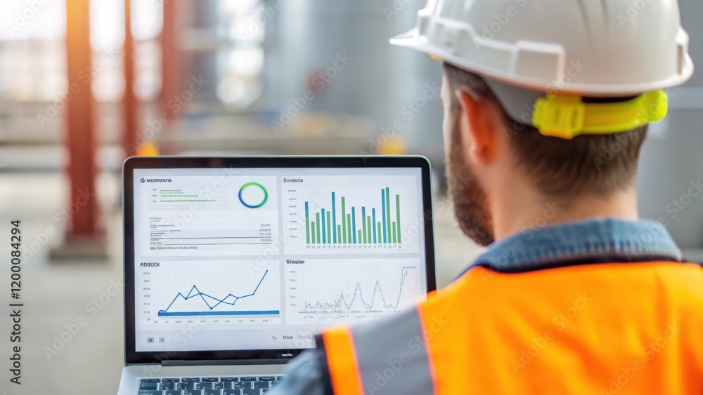 Poster A medium closeup of an engineer reviewing data on a laptop with graphs and data points displayed on the screen while wearing a hard hat and surrounded by safety equipment.