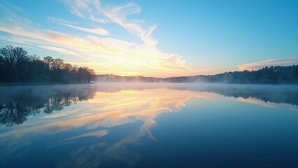 Fototapeta premium Serene sunrise over a tranquil lake reflecting a clear blue sky and distant trees with a dreamy atmosphere