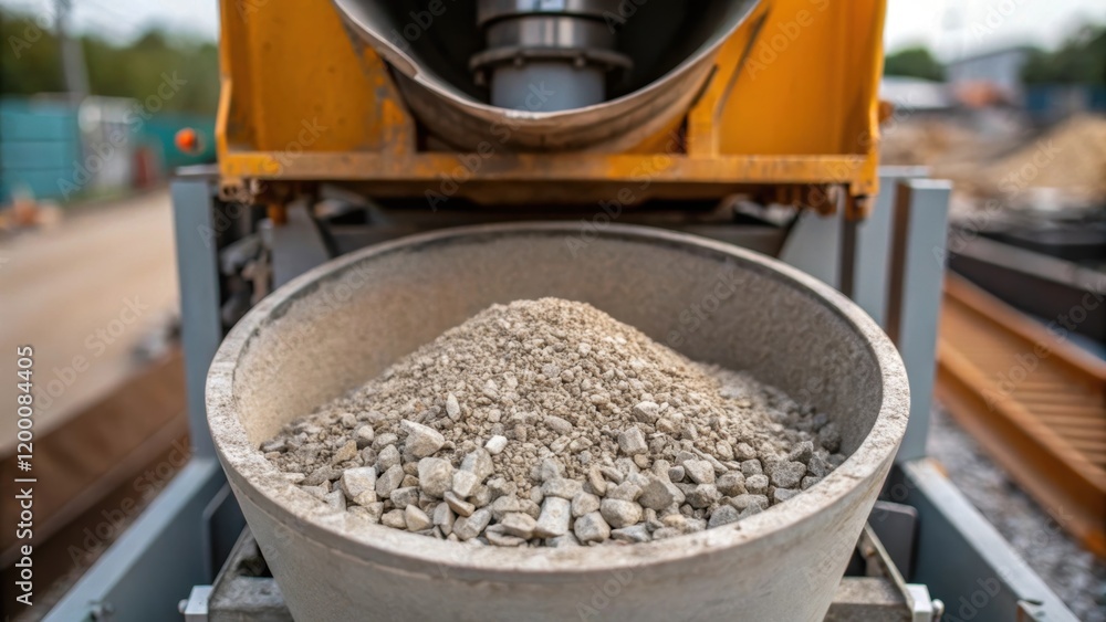 Poster a medium closeup of an industrial mixer mixing aggregates for silo construction with the focus on th
