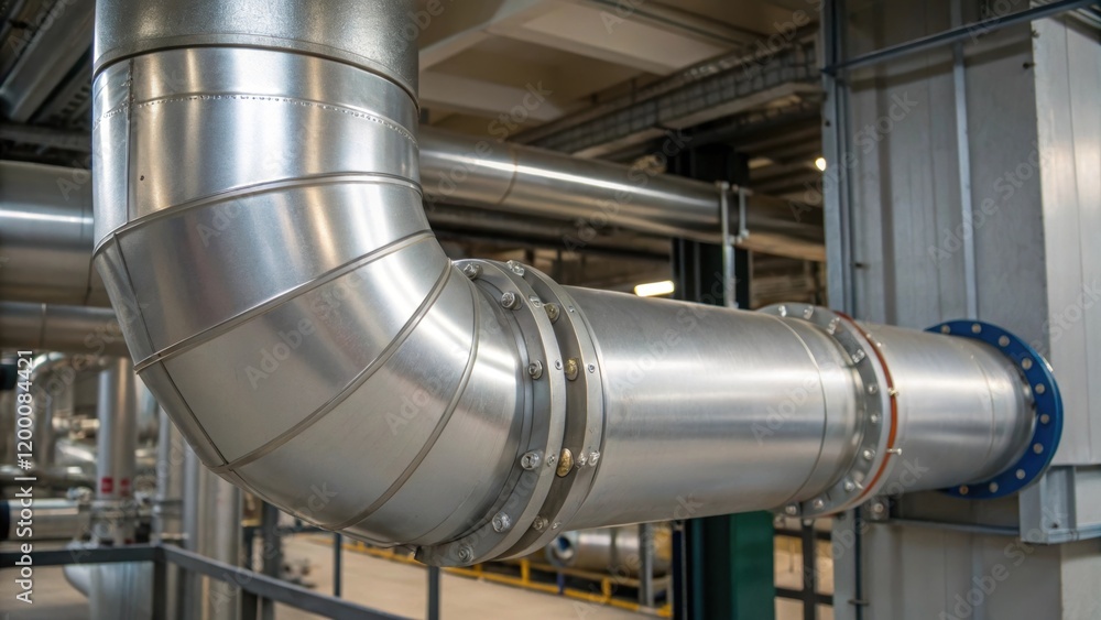 Poster a medium closeup of a newly installed cooling duct showcasing its smooth metal surface and connectio