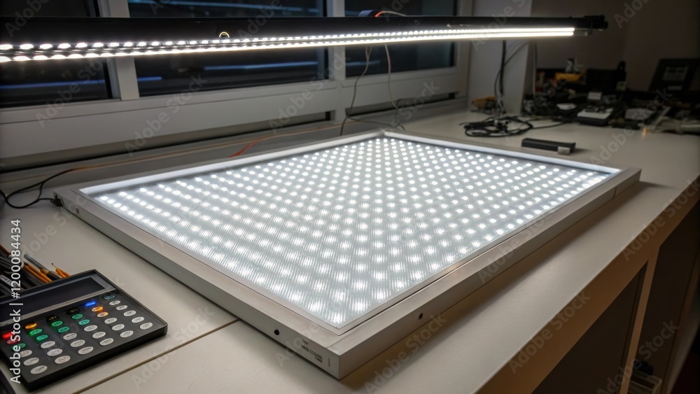 Aufkleber A medium closeup of an illuminated LED panel casting a bright even light across a workspace highlighting the sharp lines and clean aesthetics of the installation.