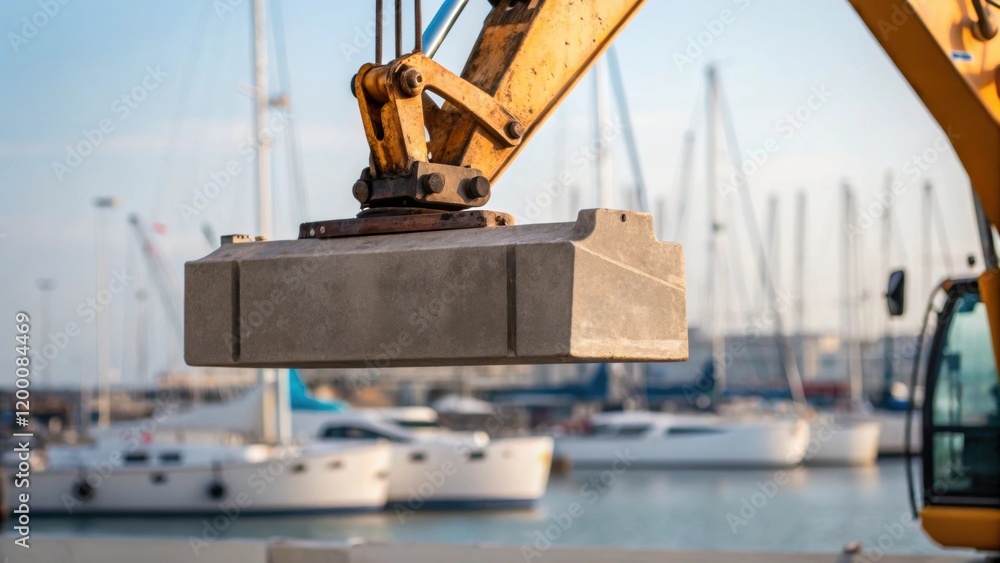 Aufkleber a medium closeup of an excavators arm lifting large concrete blocks with a harbor filled with boats 