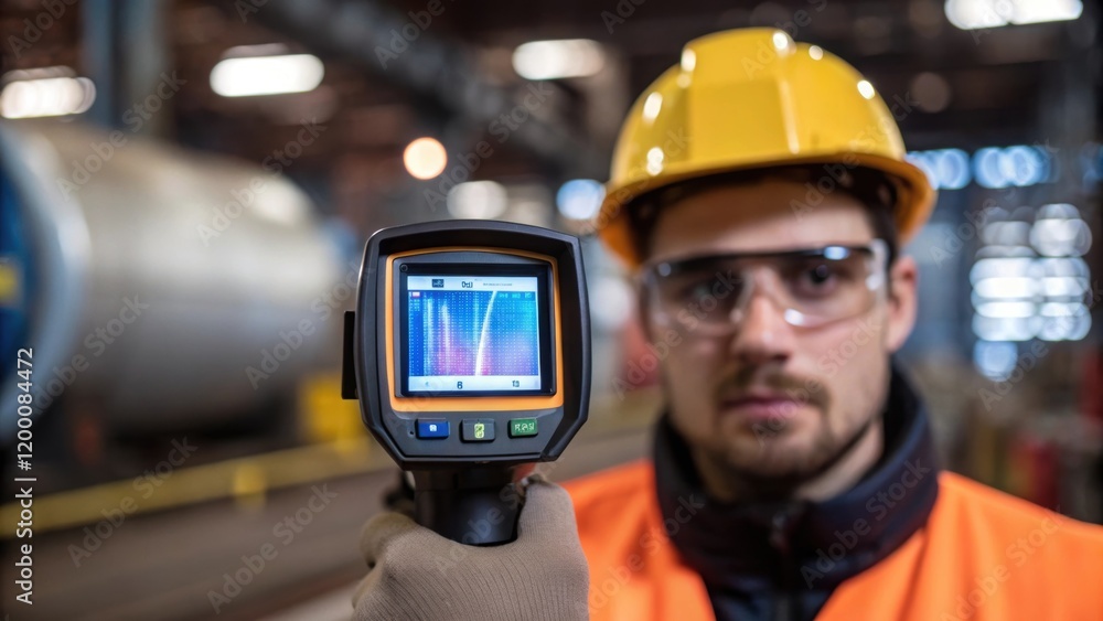 Poster A medium closeup of an industrial worker using a handheld camera to document the testing process capturing the focused look on their face as they observe the pressure readings on a