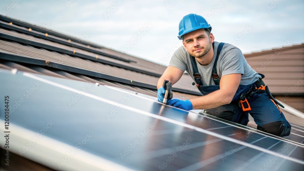 Poster a medium closeup of an installation technician carefully aligning solar panels on a slanted roof too