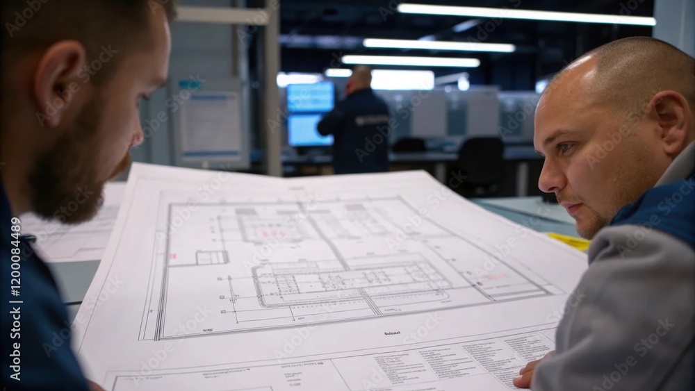 Poster A medium closeup of an inspection team reviewing blueprints focused on technical drawings that detail the layout and functions of the parking system components.