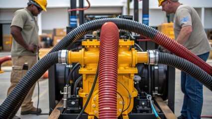 A medium closeup of an industrialgrade pump system being installed with hoses snaking out and workers collaborating to connect equipment.