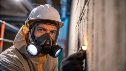 Obraz premium A medium closeup of an industrial worker wearing protective gear focused intently while inspecting a fireproofed wall after the application has dried.