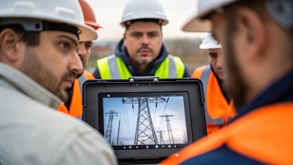 A medium closeup of an inspection team gathered around a portable screen reviewing realtime footage from drones surveying the electrical grid for damage or wear.