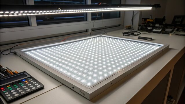 A medium closeup of an illuminated LED panel casting a bright even light across a workspace highlighting the sharp lines and clean aesthetics of the installation.